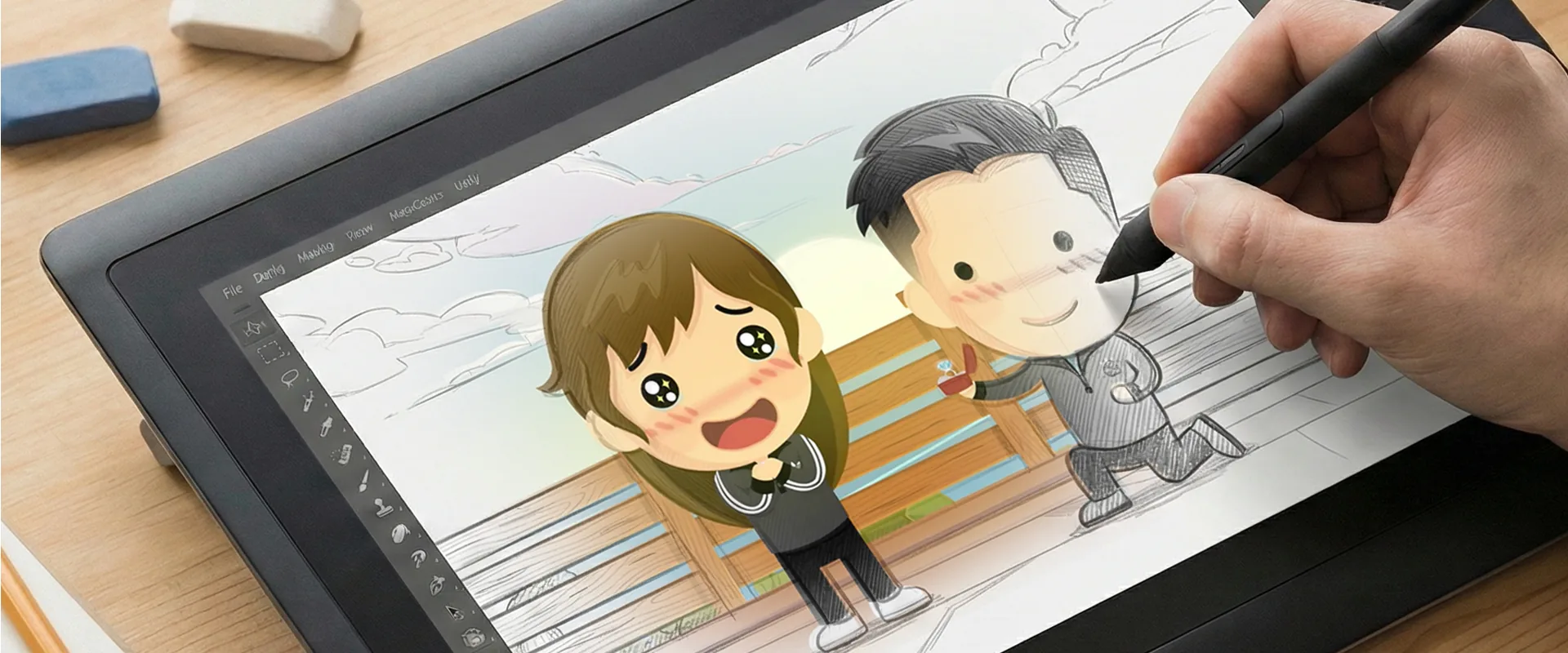 A personalised love story illustration being created on a drawing tablet